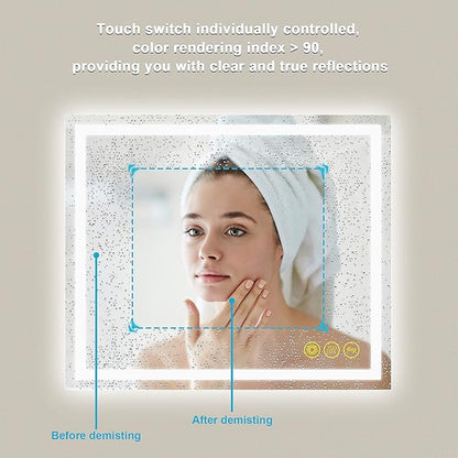 Wall-Mounted LED Square Bathroom Mirror, Makeup Mirror (36inches x 30inches,) 3 Color Stepless Dimmable Memory Bathroom Vanity Mirror with Lights CRI90+ 3000-6400K Smart Mirror with Touch