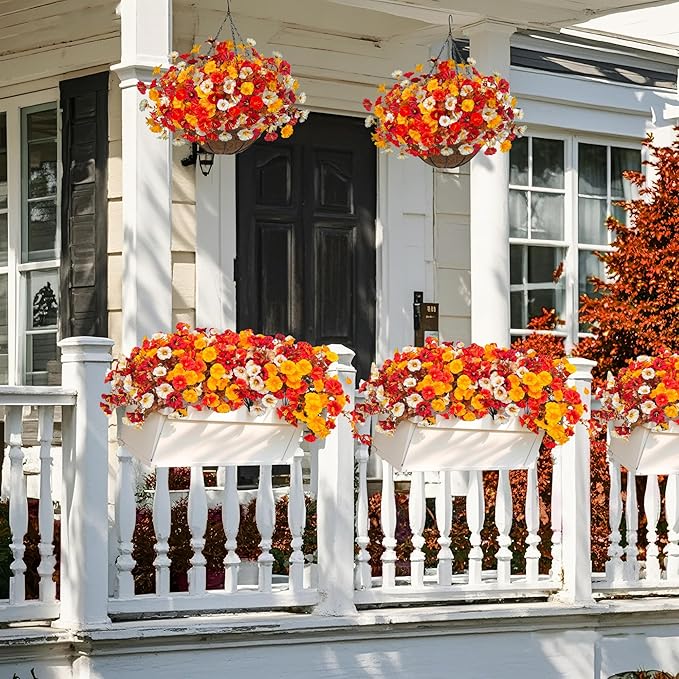 8PCS Artificial Fall Hanging Flowers for Outdoor, Fake Silk Petunias Plants, Fake Mums, Fall Outdoor Decoration, UV Resistant, Morning Glorias, for Home Garden Porch Decor (Deep Autumn)