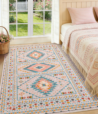 YIHOUSE Boho Living Room Area Rug 5'x7', Pink/Blue