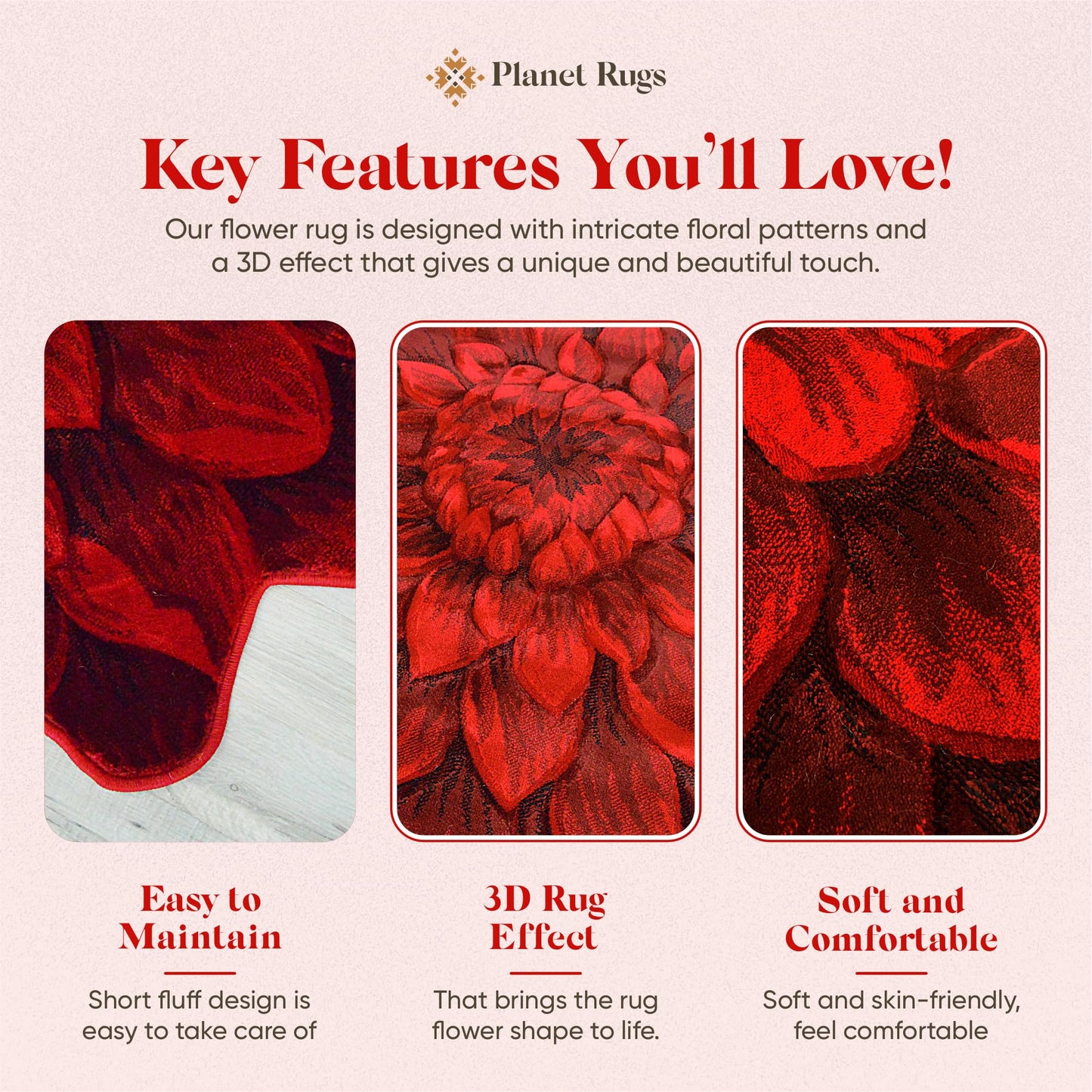 Flower Rug 2ft Round Area Rugs Cute Plush Flower Shaped Rug Circle Girly for Bedroom Floor Living Room Carpet 303 Red