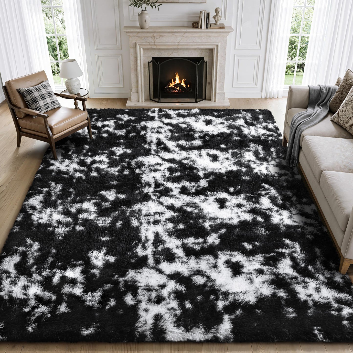 KIXINWA Rug for Bedroom, 4x6 Area Rug for Living Room, Fluffy Carpet for Kids Nursery Dorm Room, Soft Shag Non Slip Floor Rugs, Home Décor Carpet, Machine Washable, Tie-Dyed Black and White