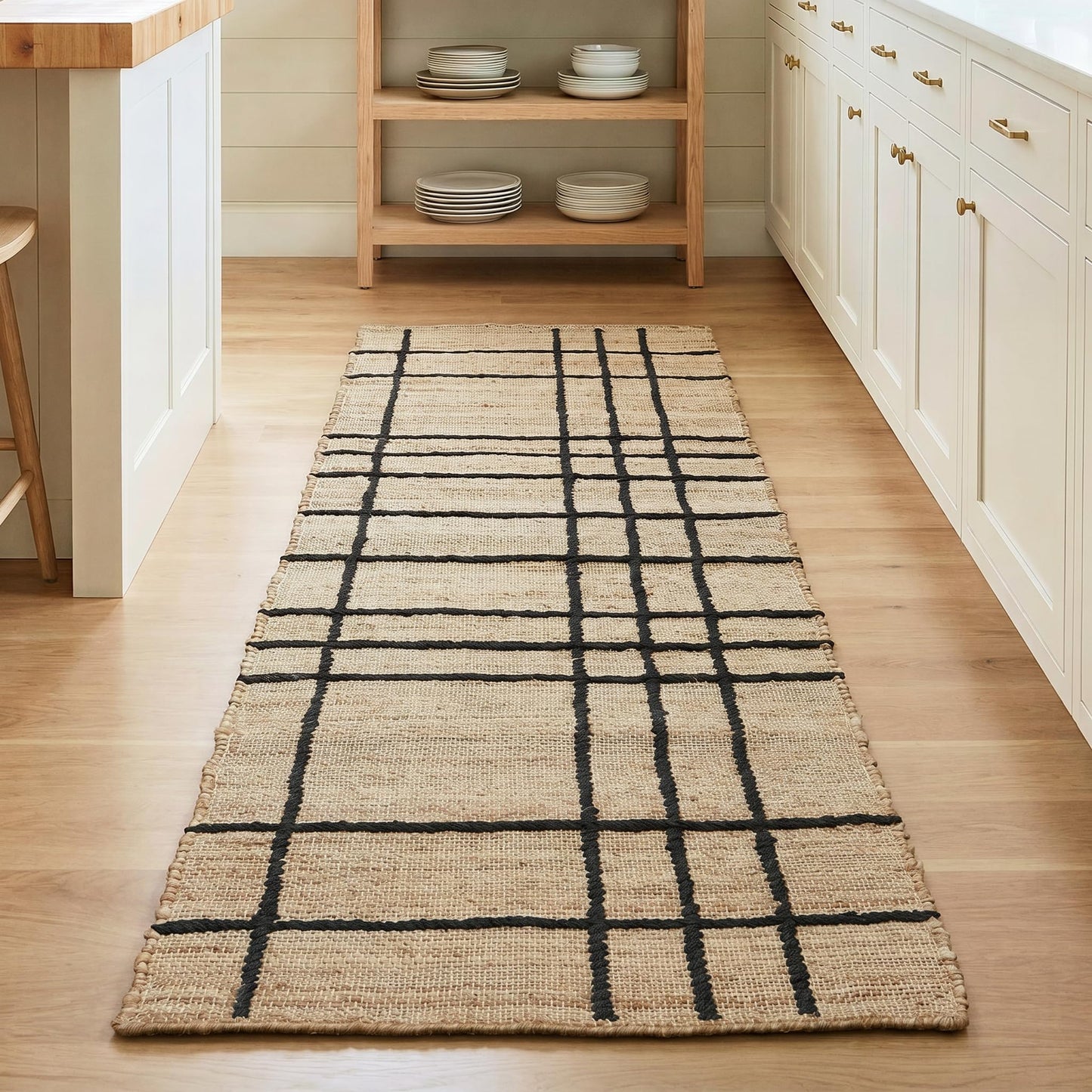 Homespice Nell Jute Plaid Runner Rug 2x6' - Cotton Backed Premium Handmade