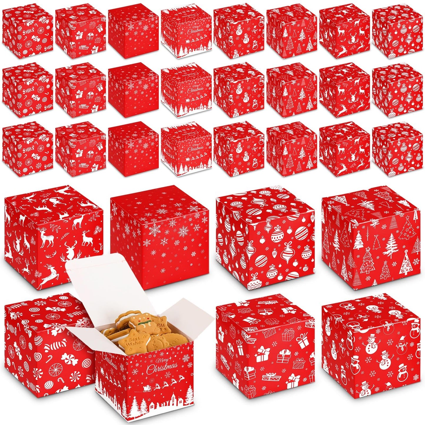 Qilery 32 Pcs Christmas Cookie Gift Boxes Bulk Red White Cardboard Treat Boxes Small Candy Bags for Xmas Party Favors Paper Goody Dessert Containers for Xmas Party Supplies