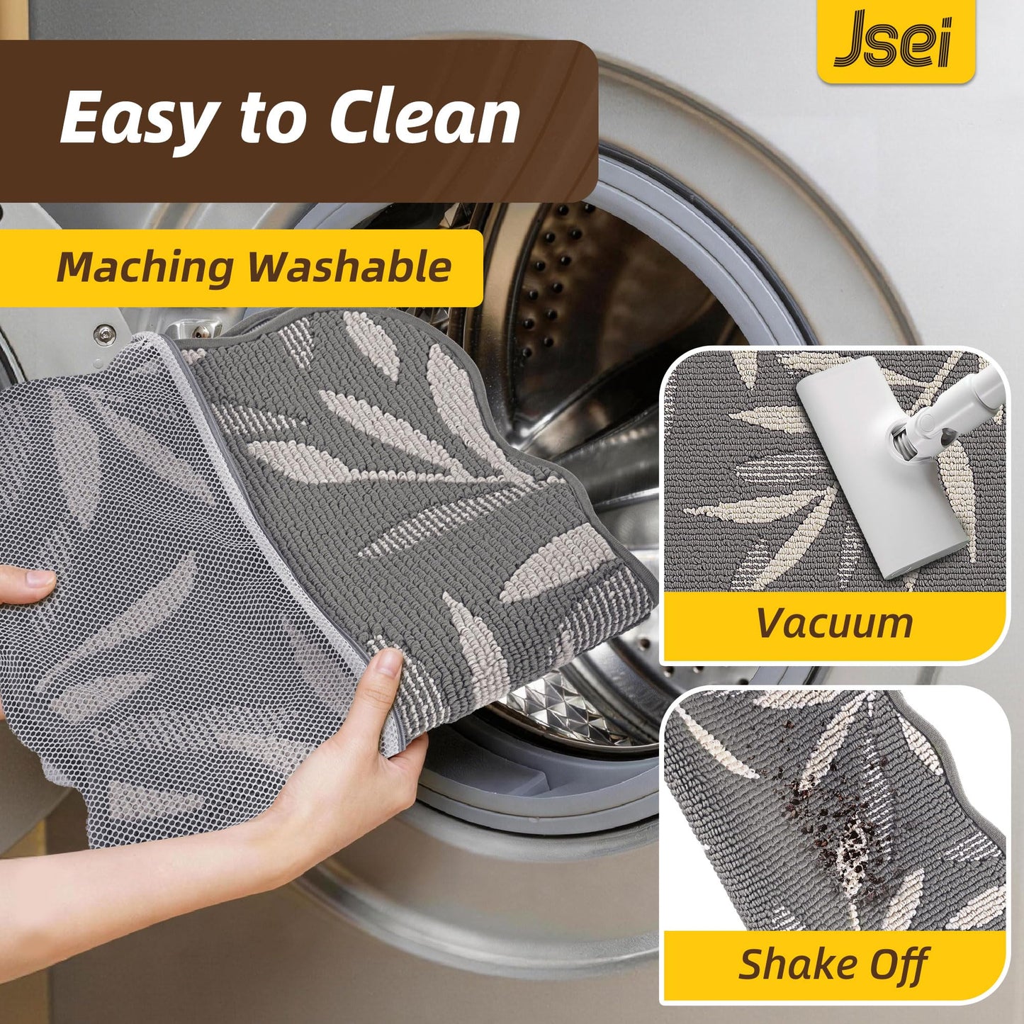 JSEI Scalloped Kitchen Rugs with 3D Leaf Pattern, 2 Pcs Kitchen Mats for Floor, Non-Slip Washable Kitchen Runner, Absorbent Rugs for Kitchen, Laundry & Sink, 17"x30"+17"x48", Grey