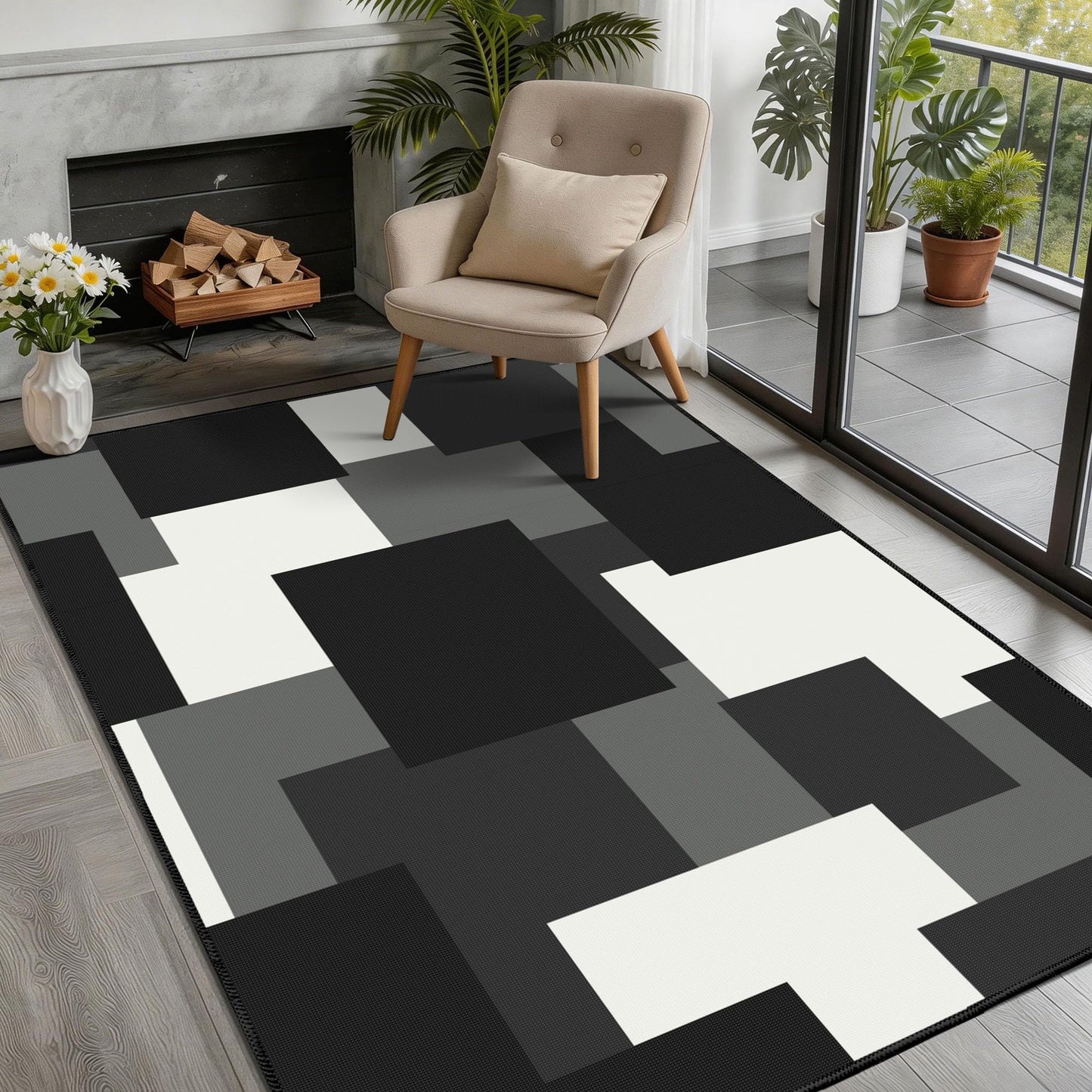 Tyrot Washable Rug 3x5 Non Slip Area Rugs for Living Room, Modern Geometric 3x5 Entryway Rug, Ultra Thin Linen-Look Abstract Indoor Carpet for Bedroom Entrance Home Office, Black and White Grey