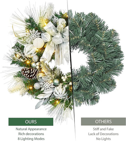 Christmas Wreath for Front Door, 24 Inch Outdoor Christmas Wreath, Battery Operated Xmas Wreath with Silver White Ball Ornaments Bows and 20 LED Lights for Home Holiday Decor