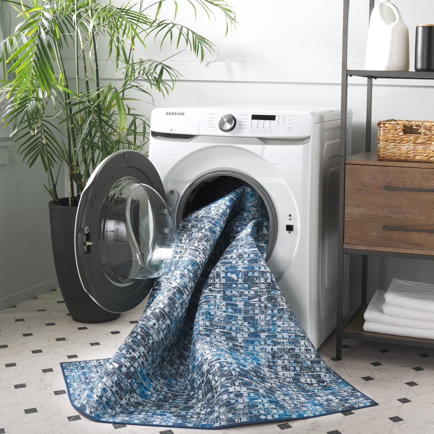 SAFAVIEH Washable Rug Tucson Collection - 9' x 12', Blue & Grey, Slip Resistant & Easy to Clean, Ideal for Living Room, Bedroom, Dining Space (TSN901M)