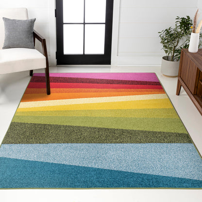 JONATHAN Y Prism Geometric Striped Indoor Area Rug 4x6, Orange/Green/Blue, Modern, Coastal, Easy-Cleaning for Living Room, Bedroom, Kitchen, Pet Friendly, Non-Shedding (DZC101A-4)