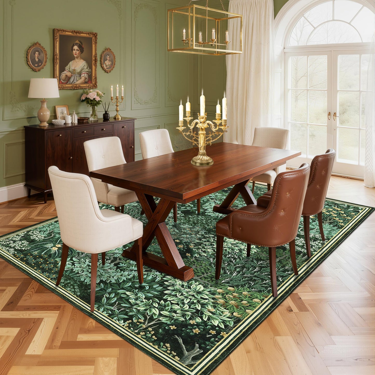 GarveeHome Forest Rugs 5x7, Green Washable Area Rugs for Living Room 5x7, Botanical Low Pile Non Slip Stain Resistance Woodland Rug for Farmhouse, Bedroom, Dining Room