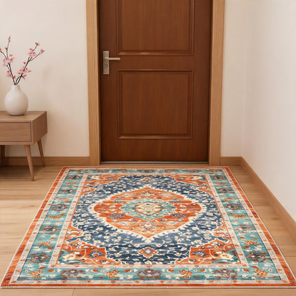 Garvee 5x7 Ft Low Pile Soft Retro Accent Rug, Boho Carpet, Washable Rugs, Stain Resistant, Non Slip Waterproof Carpet, for Entryway, Bedroom, Dinning Room, Red & Blue