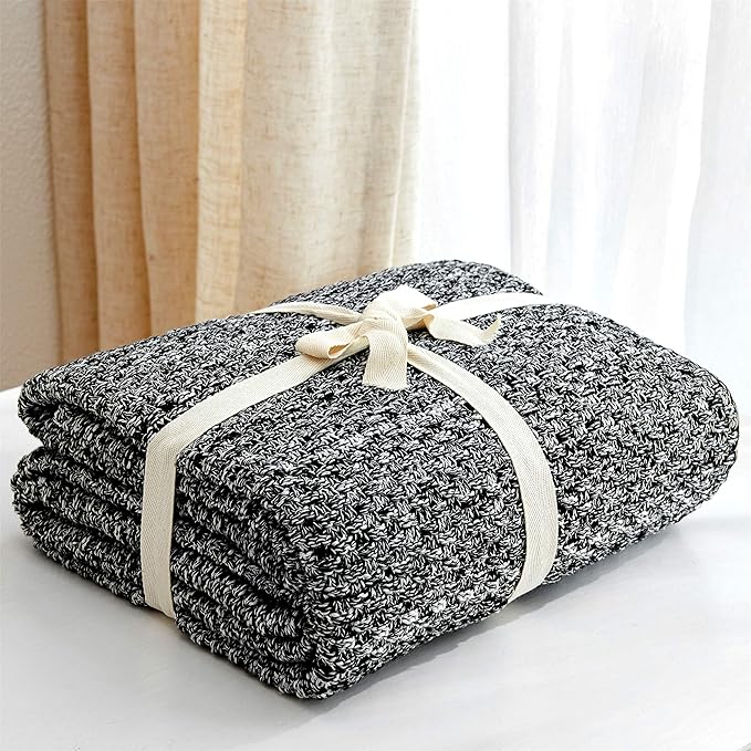 Longhui bedding Black Knitted Throw Blanket for Couch, Soft, Cozy Machine Washable 100% Cotton Sofa Cable Knit Blankets, 4.0lb Weight, 60 x 80 Inches Oversized, Black White Color