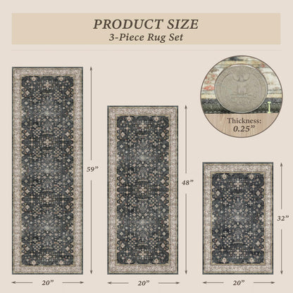 Black Boho Kitchen Rugs Set of 3, Non-Slip Machine Washable Kitchen Floor Mats, Low-Pile Runner Rug for Sink, Entryway, Bathroom, Laundry Room, Bedroom, Vintage Farmhouse Design