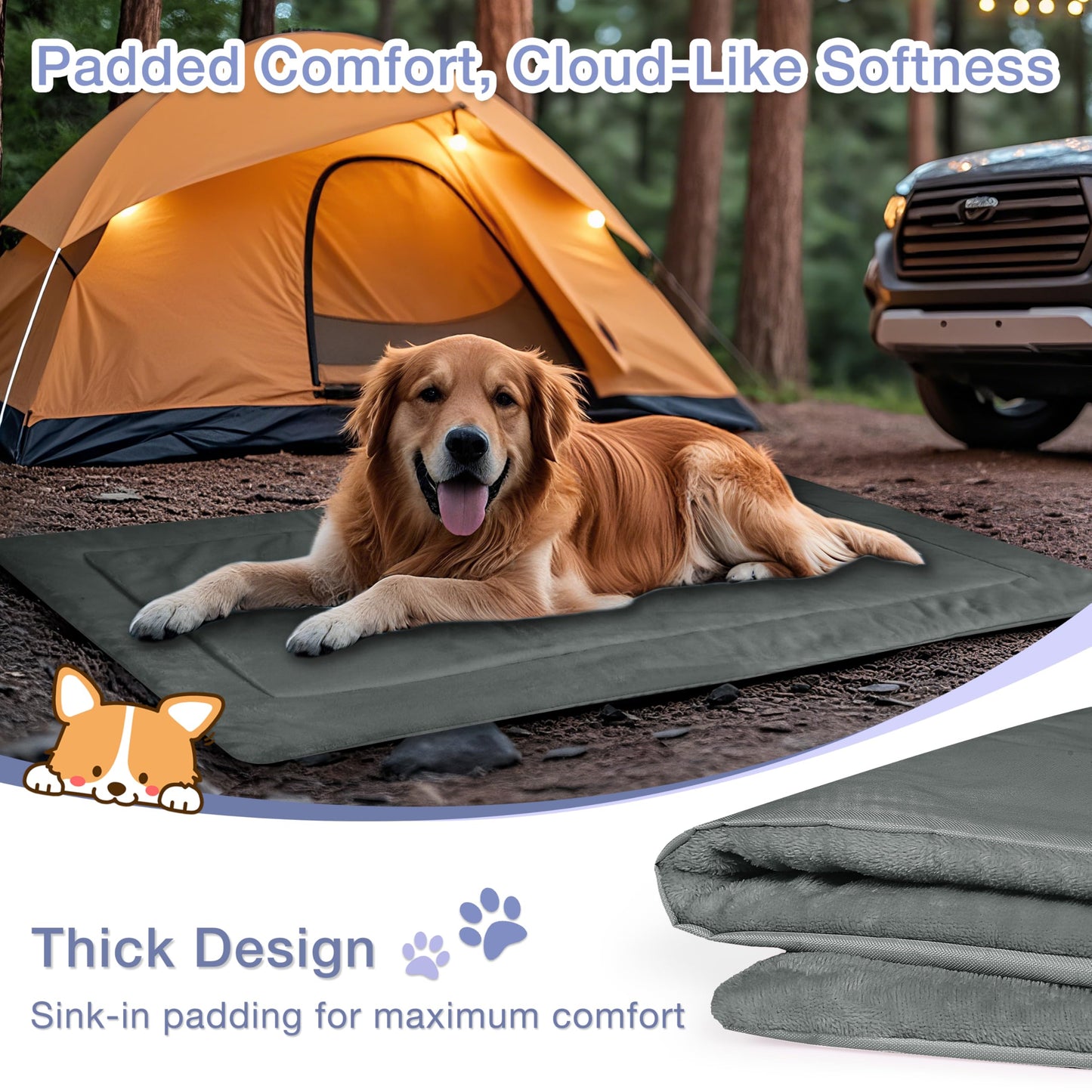 Kritter Planet Waterproof Foldable Dog Bed Pad for Camping & Travel, Portable Roll-Up Dog Bed Car Seat Pet Cushion Mat with Handles for Small & Medium Dogs, Indoor & Outdoor Use