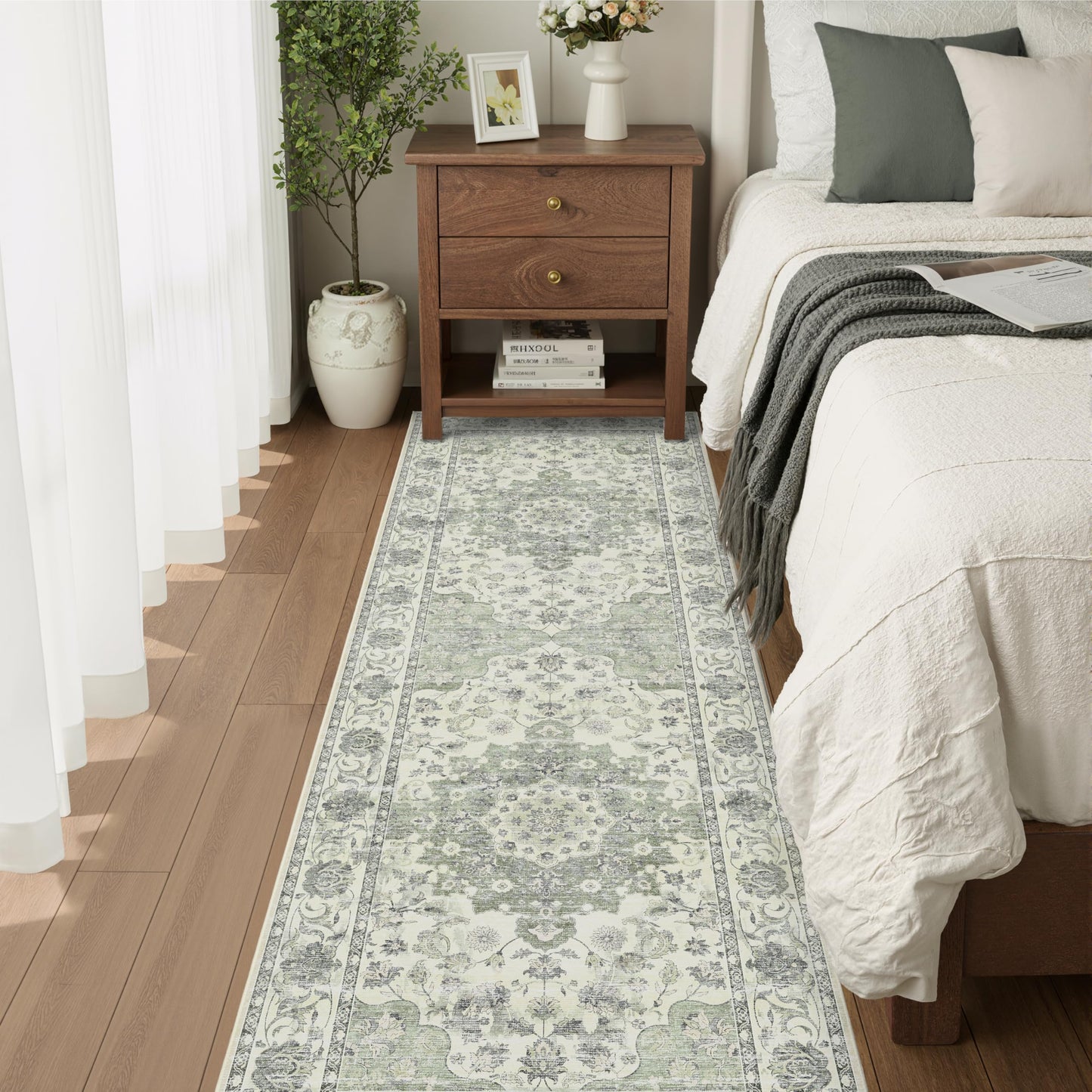 EiniHliw Sage Green Washable Hallway Runner Rug - 2x6 Kitchen Rug Distressed Low Pile Mats Non Slip Soft Rugs for Dining Room with Rubber Backing Bedroom Runner with Vintage Design (Green 2x6)