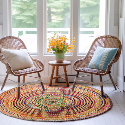 COTTON CRAFT Jute Chindi Braid Rag Rug - Boho Farmhouse Rustic Area Accent Throw Rug - Handwoven Reversible Natural Recycled Cotton - Living Room Den Study Home Décor Gift - 4 Feet Round - Multi Color
