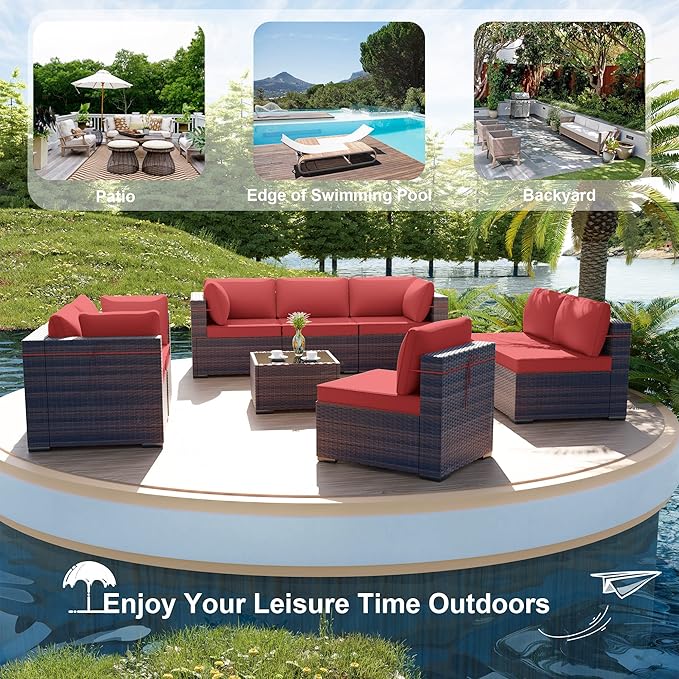 ALAULM 9 Pieces Outdoor Patio Furniture Set Sectional Sofa Sets Brown PE Rattan Patio Conversation Set w/8 Red Seat Cushions and 1 Coffee Table