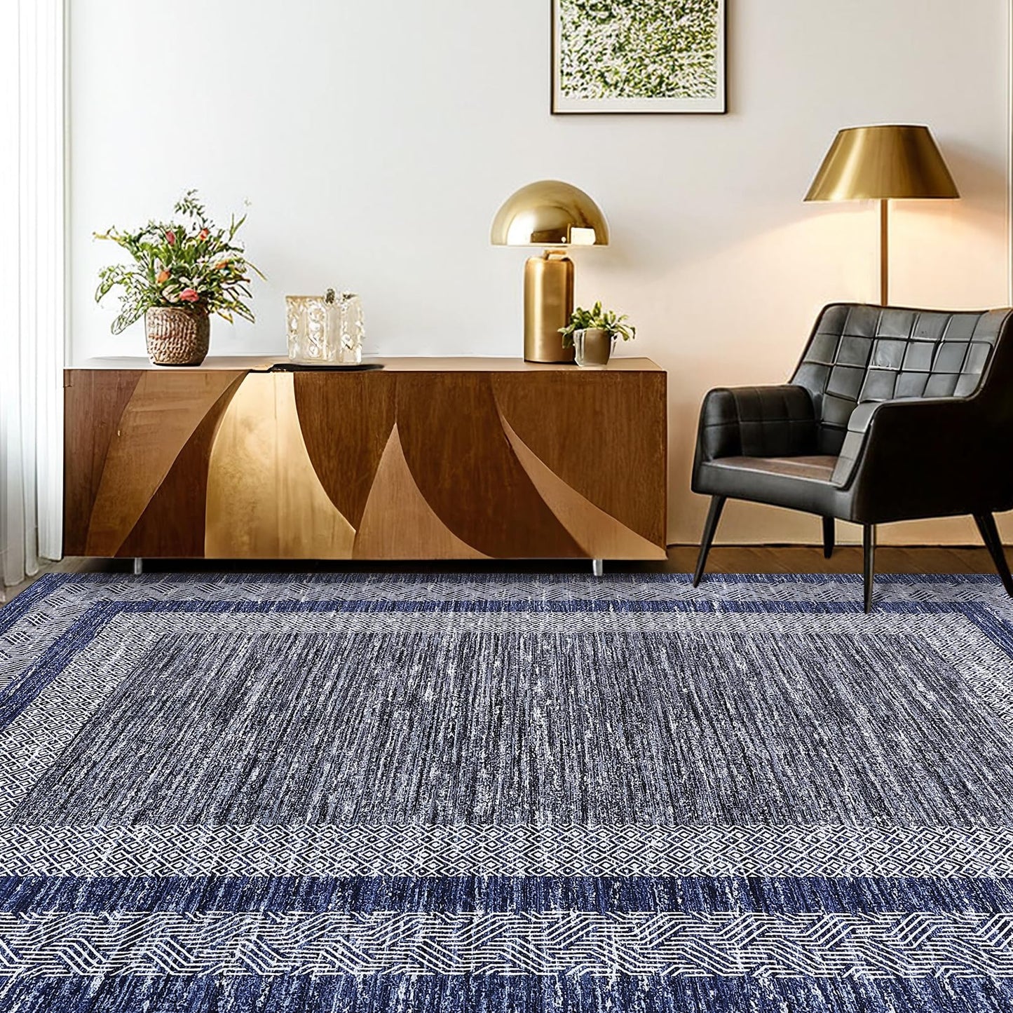 GarveeHome 2x6 Modern Bordered Runner Rug Soft Non Slip Runner Washable Non Shedding Floor Carpet, Distressed Geometric Hallway Runner, Indoor Printed Runner for Kitchen, Entrance, Blue