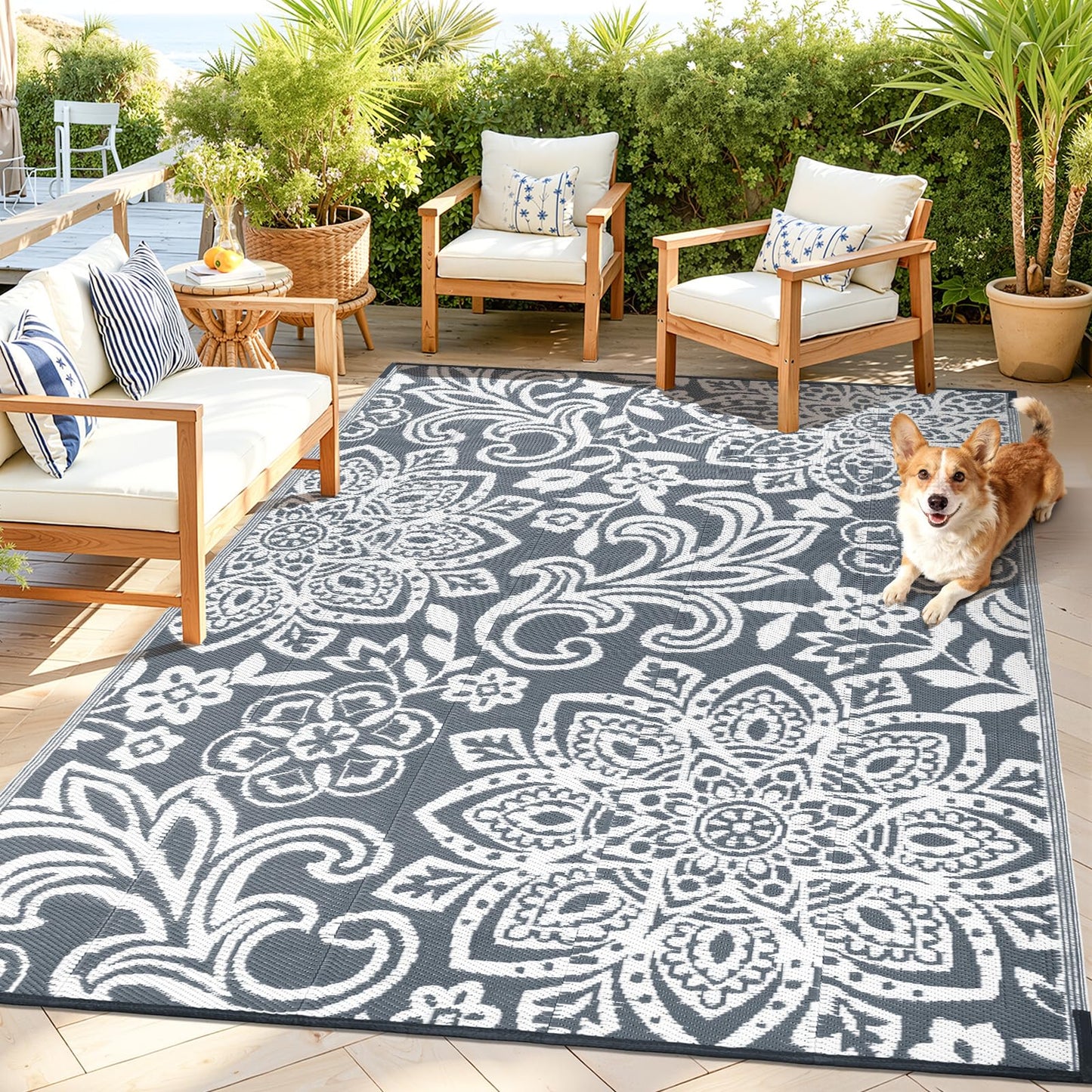 Findosom Waterproof Outdoor Rug 6' x 9' - Reversible Mandala Outdoor Plastic Straw Rug, Durable Foldable Patio Rug for RV, Deck, Balcony, Backyard, Picnic, Porch, Camping, Beach, Gray