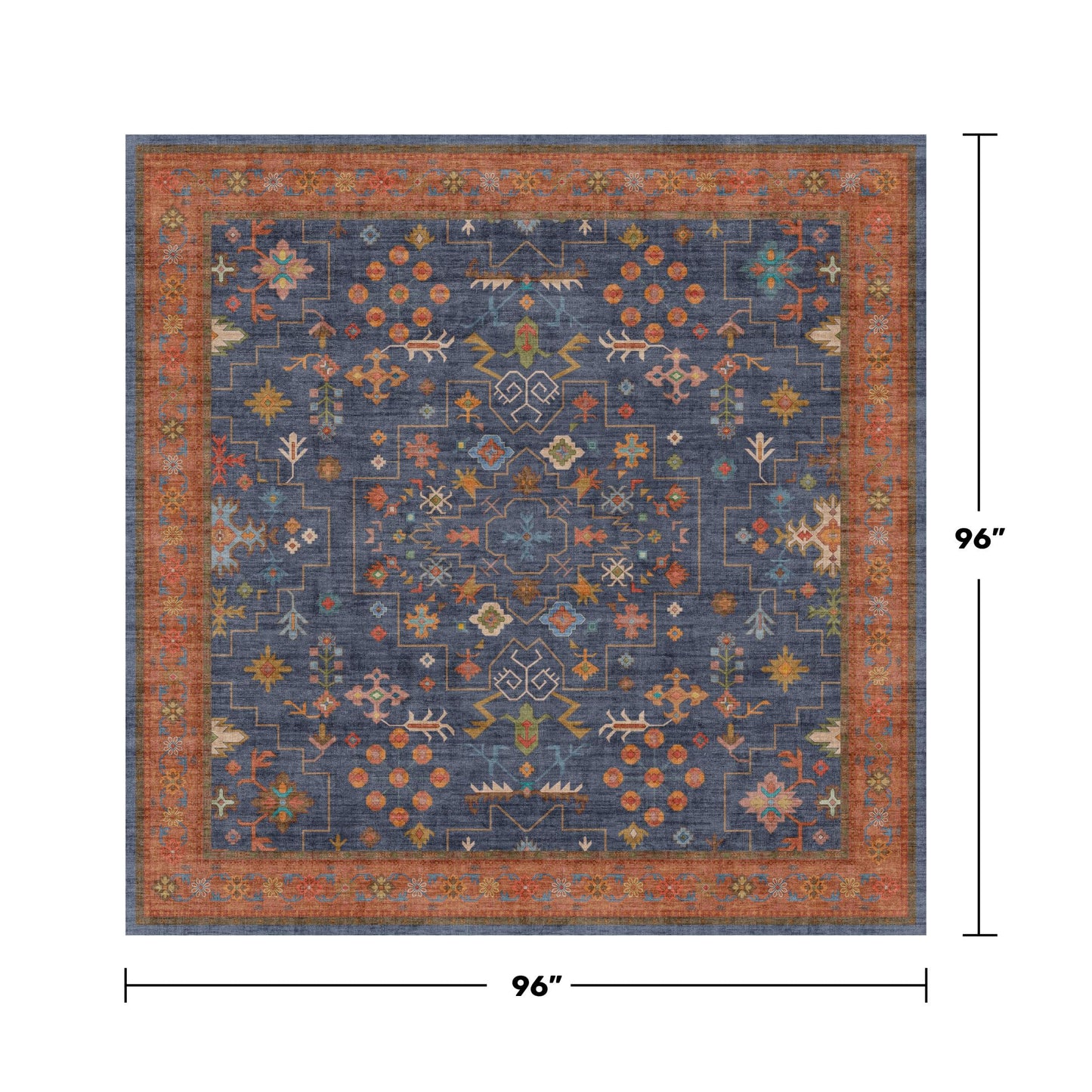 Washable Boho Square 8x8 Living Room Rug - Navy Blue Carpet for Bedroom, Dining Room Rugs for Under Table - Low Pile Non-Slip Rubber Backing Stain Resistant (8x8 Navy Blue)