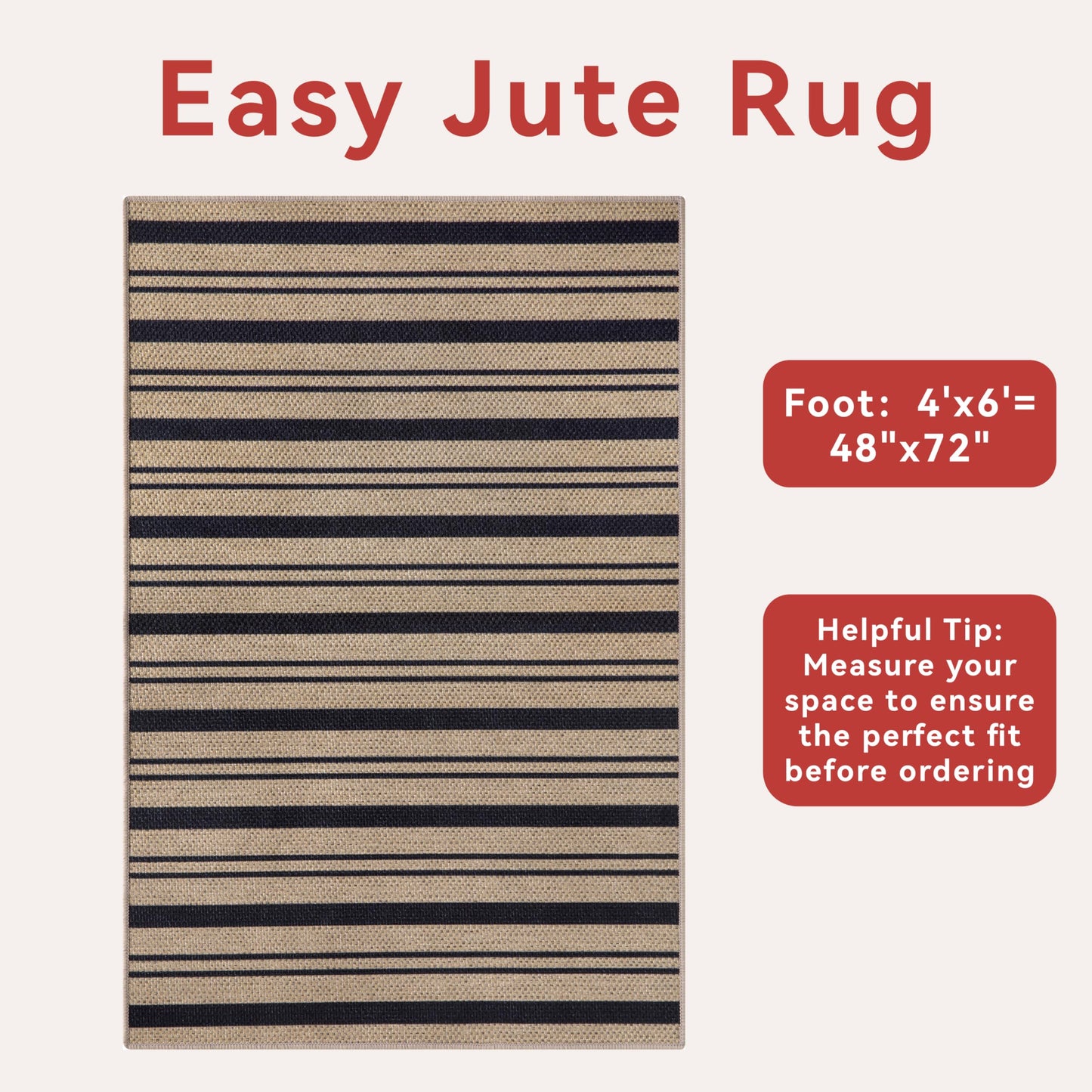 Tangsoo Stripe Easy Jute Rug 4x6 for Paito,Thin Non-Slip Indoor Outdoor Black Door Carpet,Washable Farmhouse Throw Mat for Front Porch Kitchen Bedroom Foyer