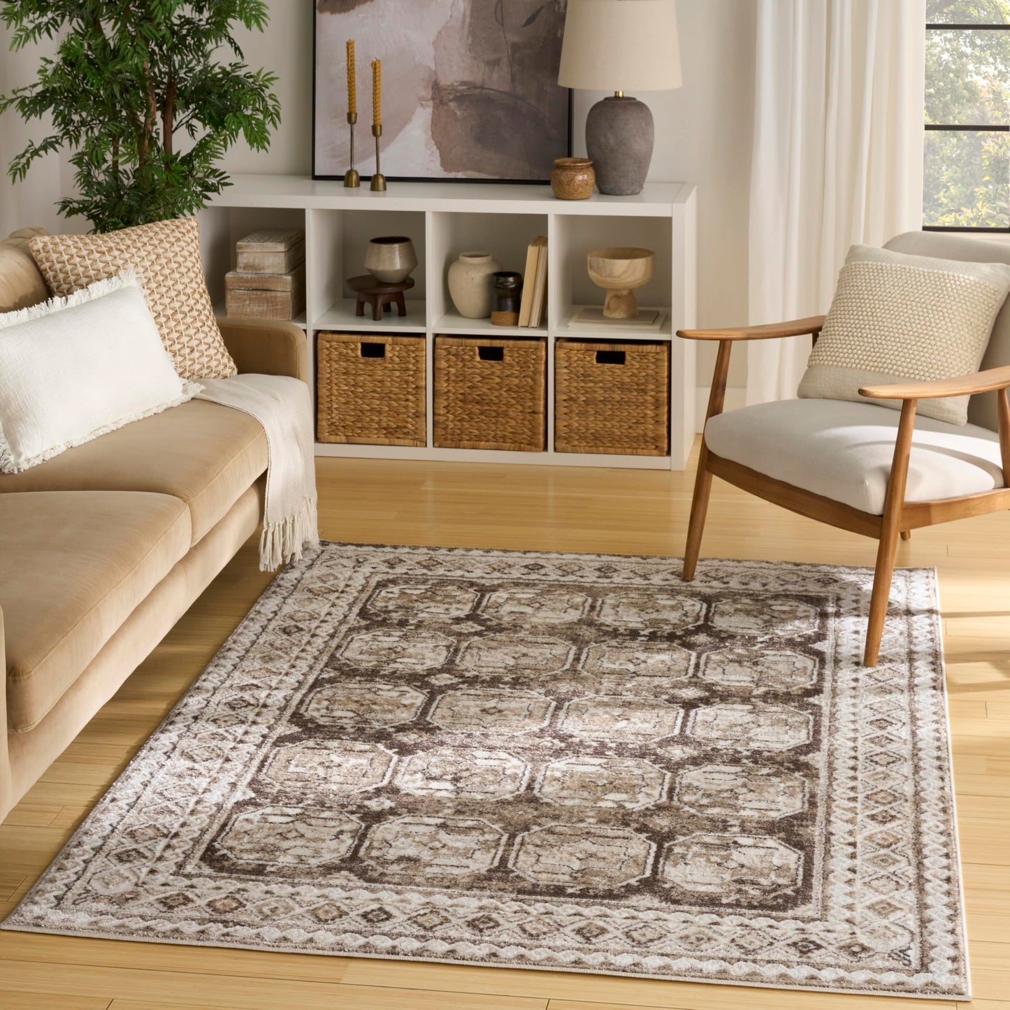 Nourison Home Dekor Ivory Brown 5'3" x 7' Area Rug - Easy Clean, Non Shedding, Bed Room, Living Room, Dining Room, Kitchen (5' x 7')