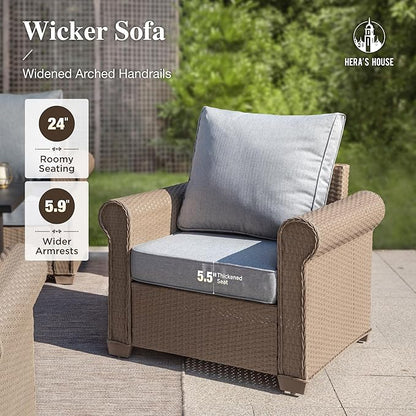 HERA'S HOUSE 6-Piece Patio Furniture Set, All Weather 7 Seats Outdoor Wicker Sofa with Ottomans, Rattan Patio Conversation Set with 5.5" Thick Cushions and 44" Coffee Table, Grey