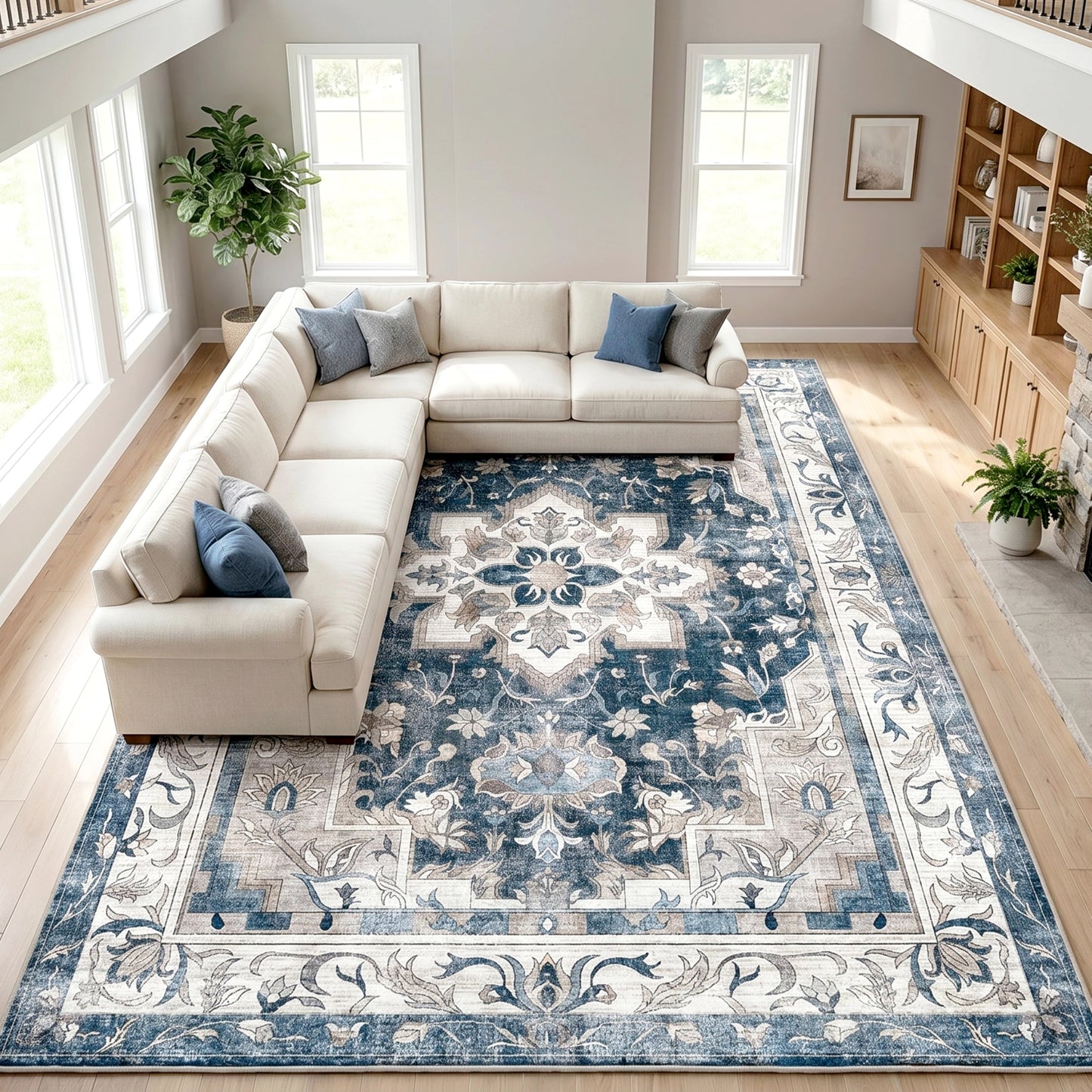 Cnythlis Washable Area Rug 9'x12', Non-Slip 0.3" Low Pile Rug for Living Room Bedroom, Pet Friendly Boho Farmhouse Floral Carpet, Stain Water Resistant, Extra Large, Slate Blue & Ash Gray