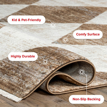 Nuloom Fringed Performance Meline Beige/Blue/Ivory, 4' x 6'5", Checkered, Soft and Cozy, High Traffic, Stain Resistant, Easy Clean, Durable Area Rug for Bedroom, Living Room, Dining, Den, Foyer