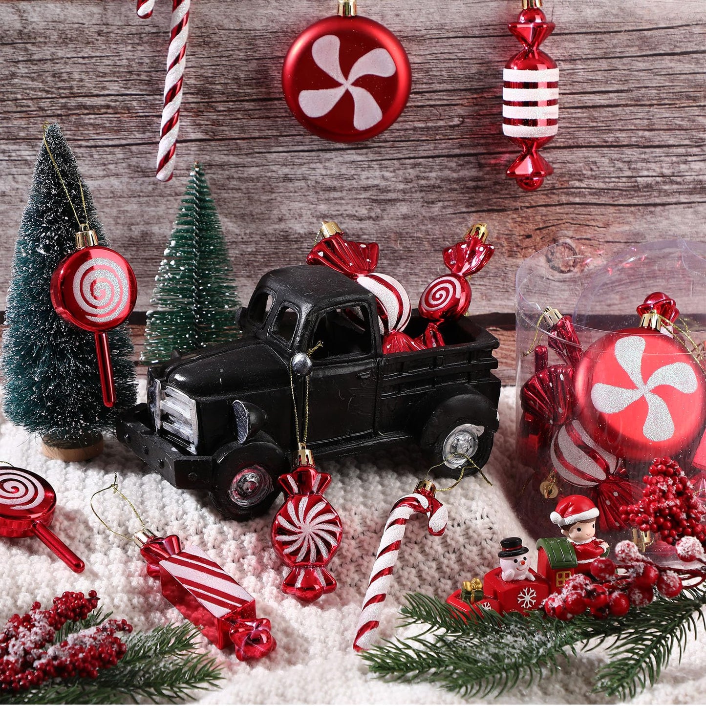 Leyndo 24 Pcs Christmas Candy Hanging Ornament Candy Cane Peppermint Lollipop Decor Glitter Ornament for Home Christmas Tree Party Favor Decoration(Red)