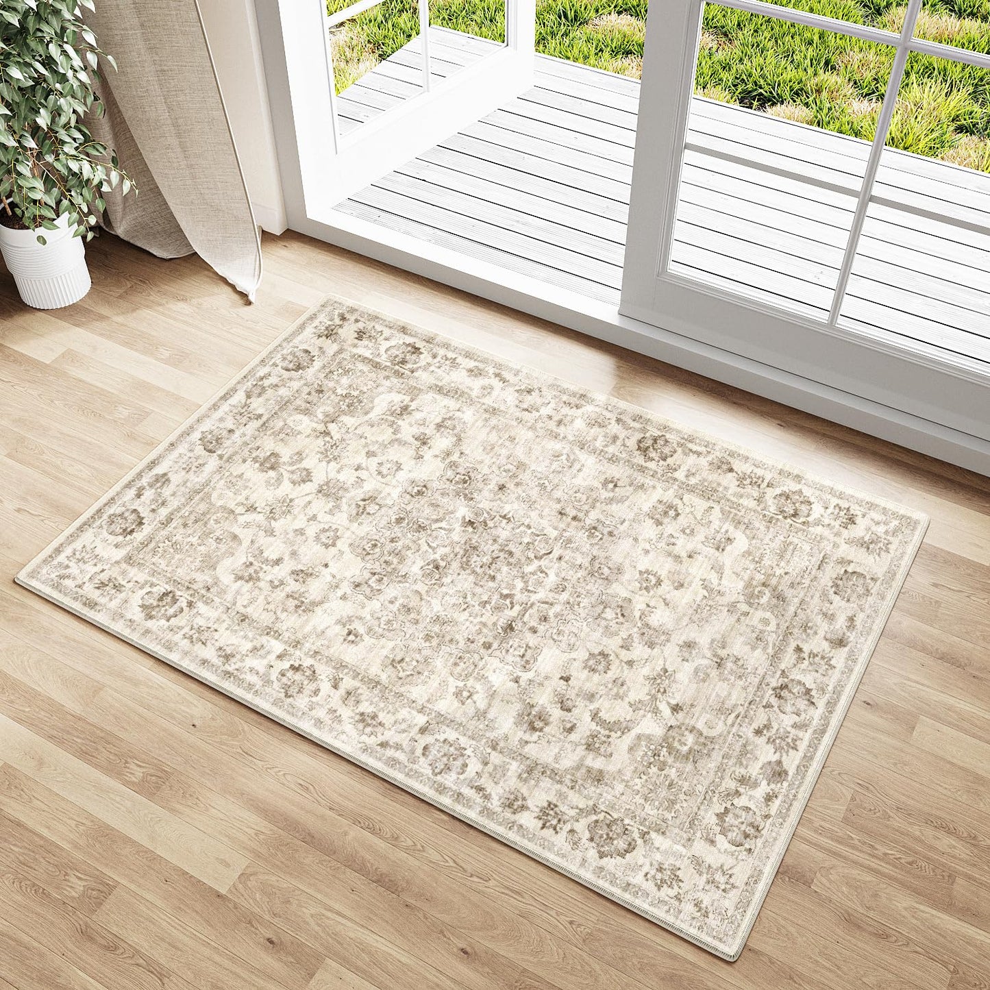 WondRg 2x3 Washable Neutral Area Rug Beige Vintage Entryway Kitchen Carpet Non-Slip Soft Low Pile Farmhouse Indoor Small Throw Rug for Bedroom Bathroom Entrance