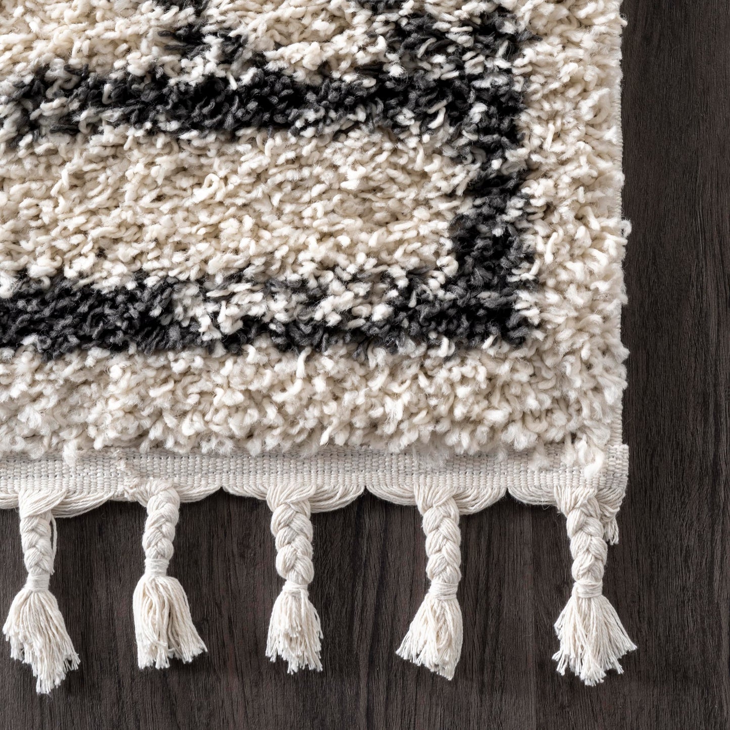 Nuloom Mackie Off-White/Charcoal, 6'7" x 9', Moroccan, Shag, Tassel, Soft and Cozy, High Traffic, Stain Resistant, Easy Clean, Durable Area Rug for Bedroom, Living Room, Dining, Den, Foyer, Entryway