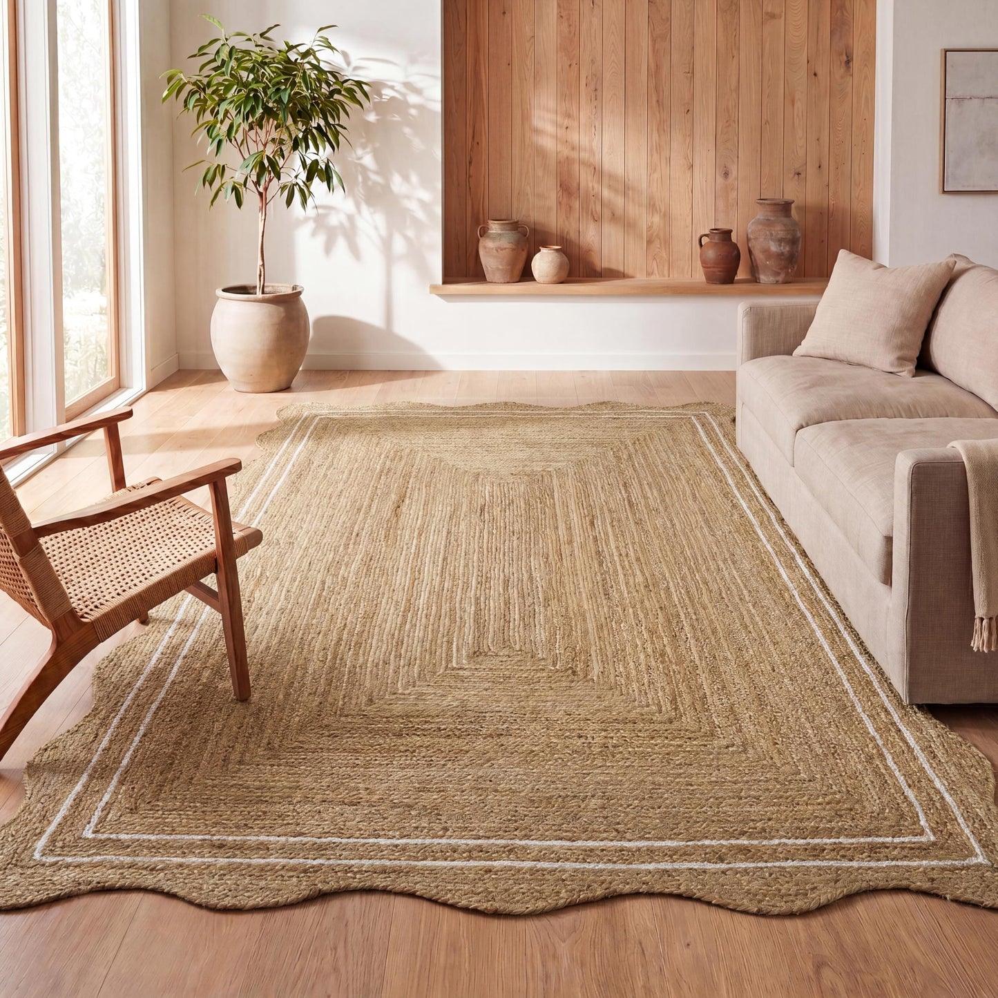 JONATHAN Y Seaside Cottage Scallop Edge Jute Natural/White Indoor Area Rug, 3x5, Farmhouse, Rustic, Cottage, Easy-Cleaning for Living Room, Bedroom, Kitchen, Non-Shedding (RNF200A-3)