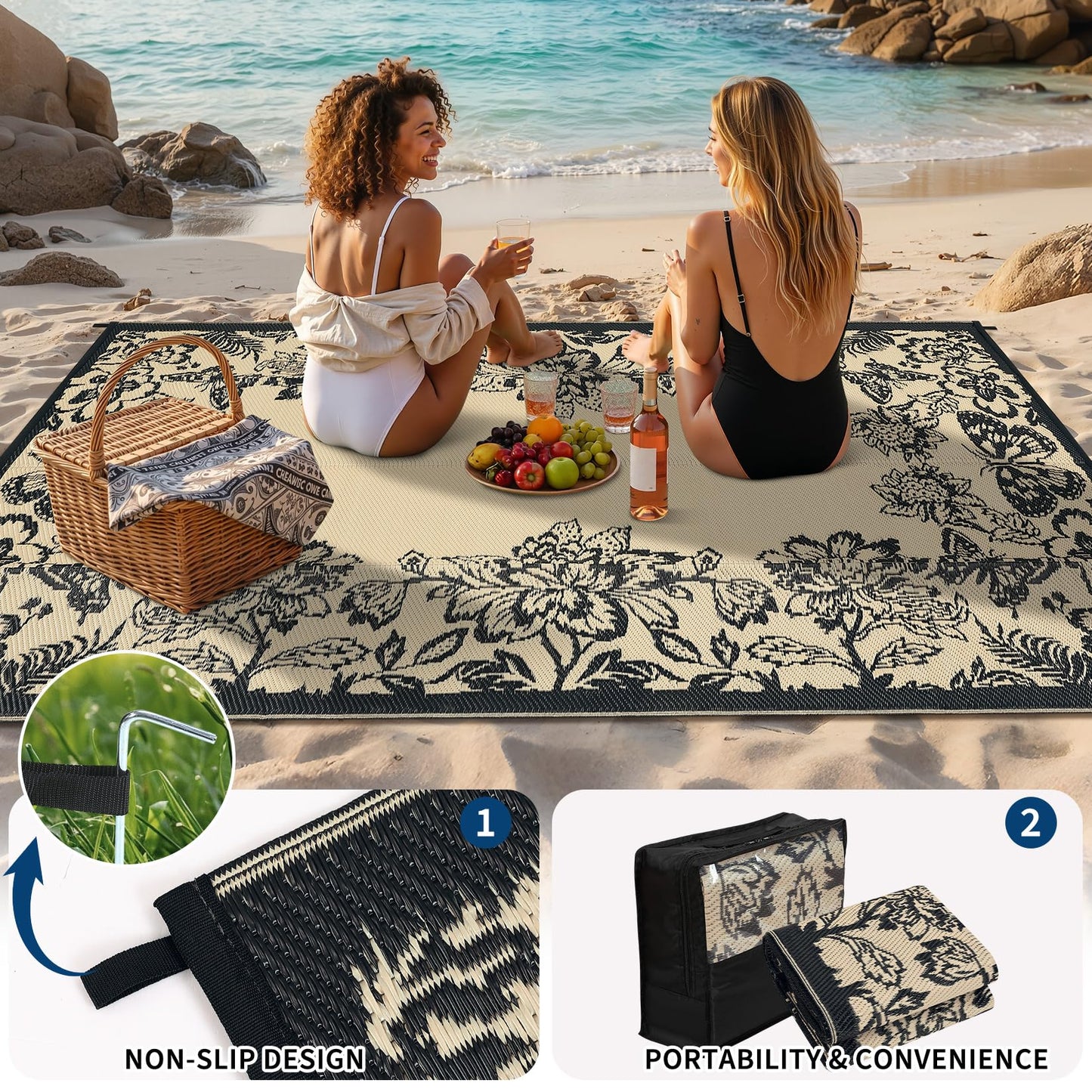 Garvee 5’x8’ Waterproof Patio Outdoor Rug, Outdoor Plastic Straw Rug for Camping, RV Mat Outside, Indoor Outdoor Carpet for Porch, Deck, Backyard, Balcony, Picnic, Black & Brown