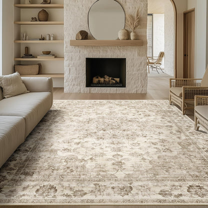 WondRg 10x14 Neutral Area Rug Beige Vintage Living Room Bedroom Washable Carpet Non-Slip Soft Low Pile Farmhouse Indoor Large Throw Rug for Dining Room Office