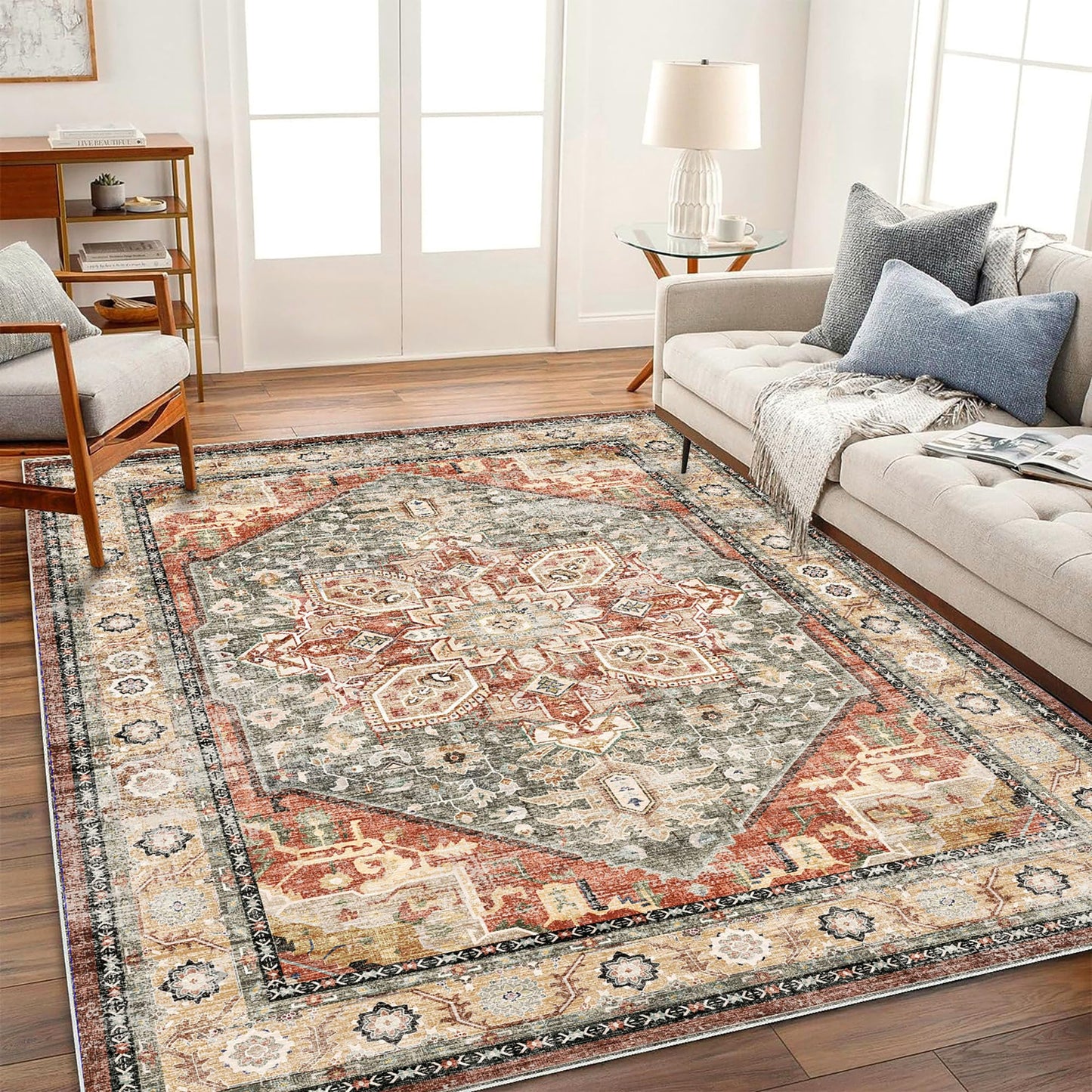 CHAMPLANT Washable Area Rug 9'x12' Red Khaki Retro Flowers Boho Design Non-Shedding Easy Care Ideal for High Traffic Areas in Living Room Bedroom Office Coffee Table Kitchen Large Carpet