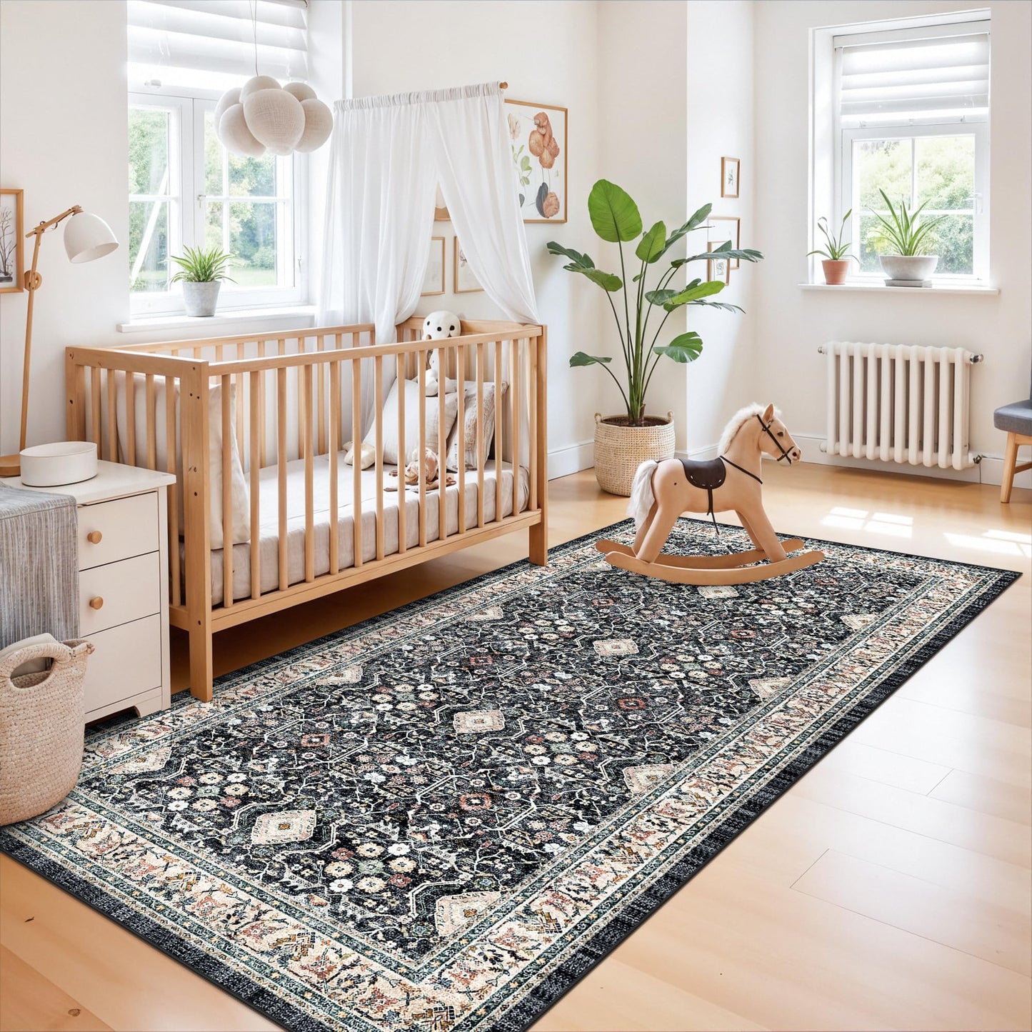 4x8 Washable Kitchen Area Rug: Farmhouse Stain-Resistant Rug for Living Room Bedroom Wide Soft Carpet for Entryway Dining Room Thin Hallway Floor Mat with Non Slip Backing Home Decor(4x8,Black Navy)