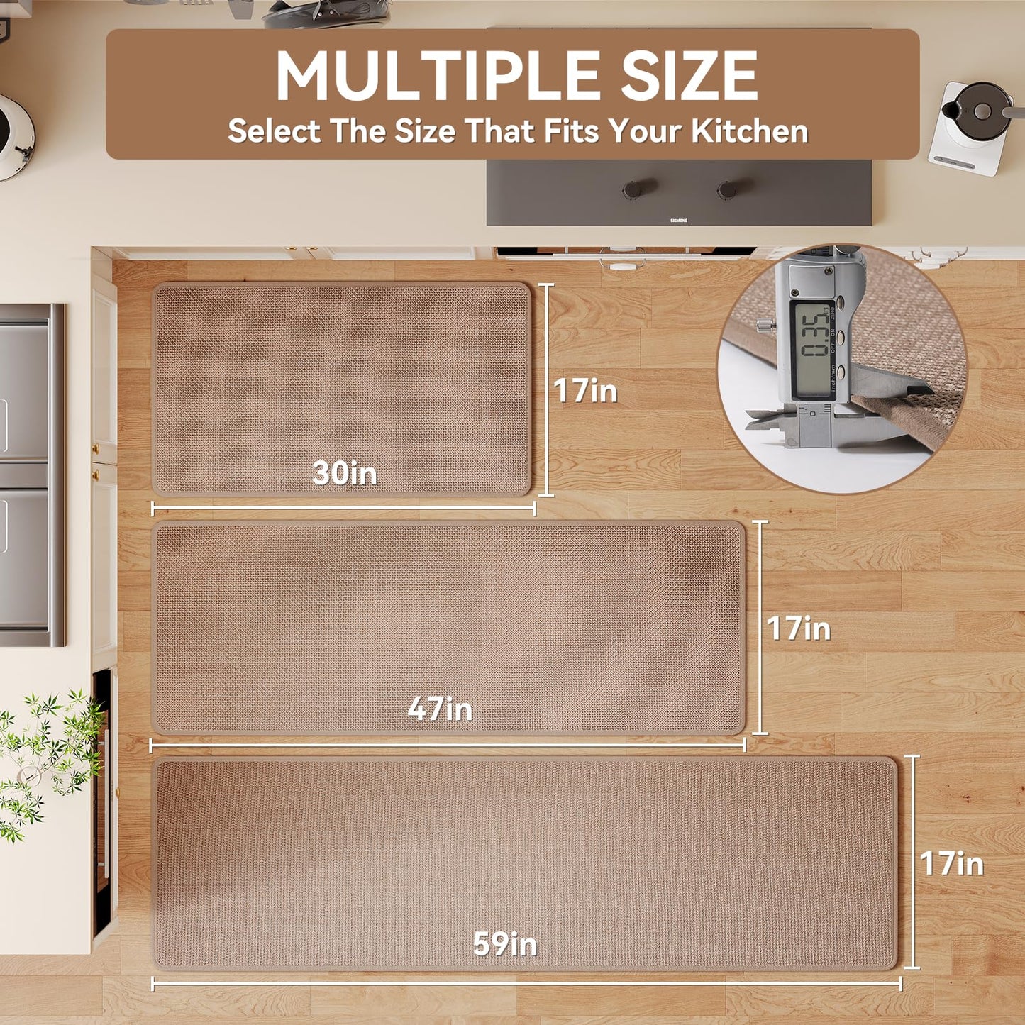 YDKGL Kitchen Rugs Mat Non Slip Washable, Linen-Look 0.3" Thick Soft Cushioned Absorbent Kitchen Mats for Floor, Mild Anti-Fatigue Runner Rug Sink Mat Laundry Standing Mats, Easy Clean, Brown 17"x30"