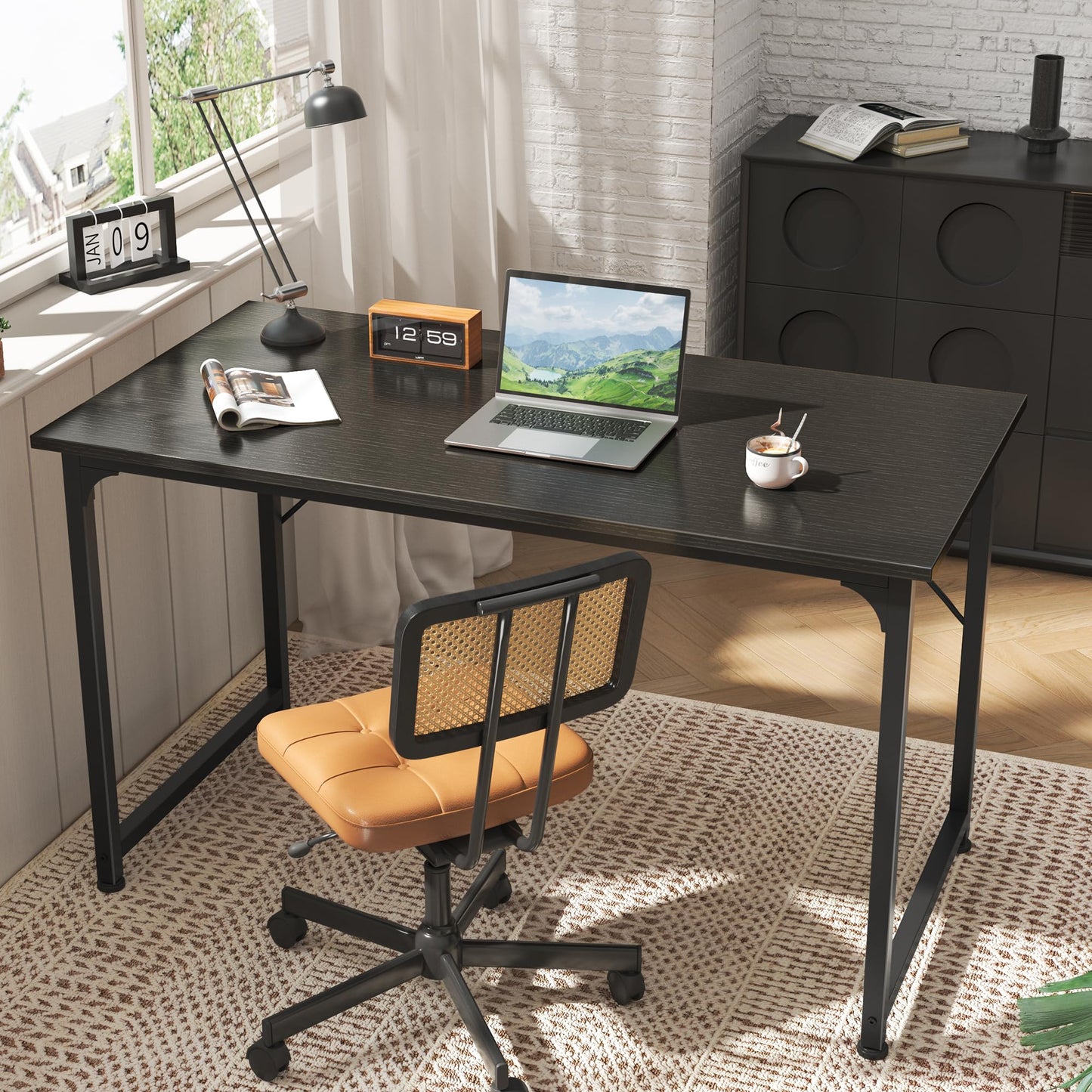 Huuger 48 Inch Office & Gaming Desk with Storage, Modern Simple Design, Large Legroom, Black Metal Frame