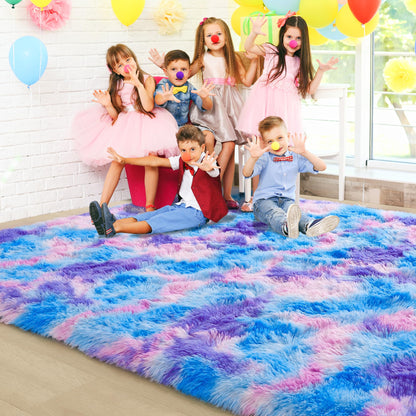 Foxmas Large Area Rugs for Living Room Bedroom 6x9 Feet, Fluffy Kids Room Plush Shaggy Nursery Rug Furry Throw Carpets for Boys Girls, College Dorm Fuzzy Rugs Home Decorate Rug, Rainbow Blue
