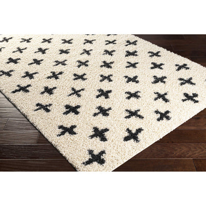 Livabliss Area Rugs - 5x7 Soft Mora Moroccan Boho Black Cream Shag Rug for Living Room Bedroom - Geometric Plush Pile Stain Resistant Bohemian Carpet for Dining Room, Nursery and Office (5'3" x 7')