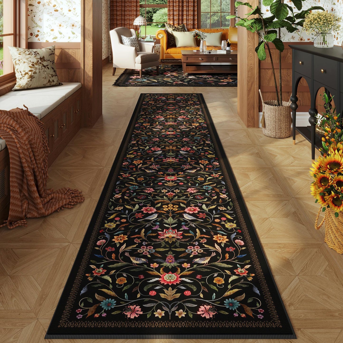 Vowkten Vintage Medallion Floral Runner Rug Non Slip 2x10, Machine Washable, Soft Low Pile Long Carpet for Hallways, Laundry, Bedroom, Bathroom, Entryway | Black