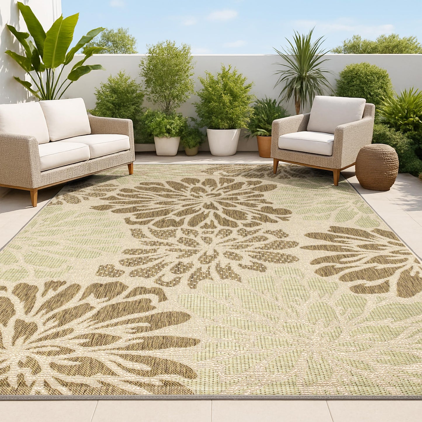 JONATHAN Y Floral Textured Weave Indoor Outdoor Area Rug 8X10 Sage/Brown, Zinnia Modern for Backyard, Patio, Porch, Easy-Cleaning, High Traffic, Pet-Friendly, Non-Shedding (SMB110A-8)