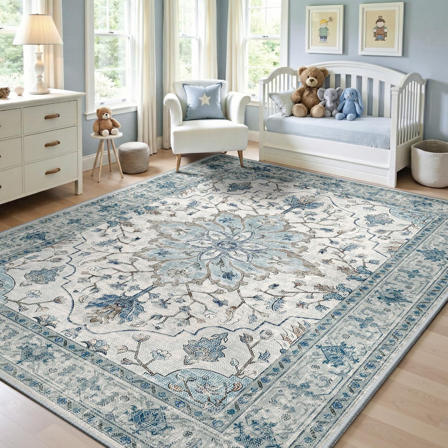 RELEANY Area Rugs 5'x7' Washable Non-Slip, Floral Vintage Distress Medallion Carpet for Living Room Bedroom Dining Room, Light Blue Navy Gray White