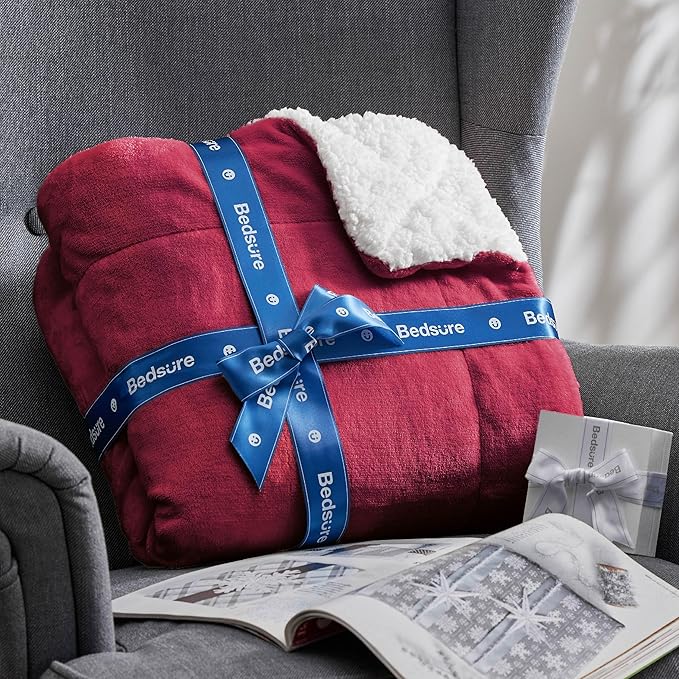 Bedsure GentleSoft Sherpa Fleece Blankets Queen Size for Bed - Thick and Warm Throw for Women, Soft Fuzzy Plush Queen Christmas Blanket for Winter, Red, 90x90 Inches