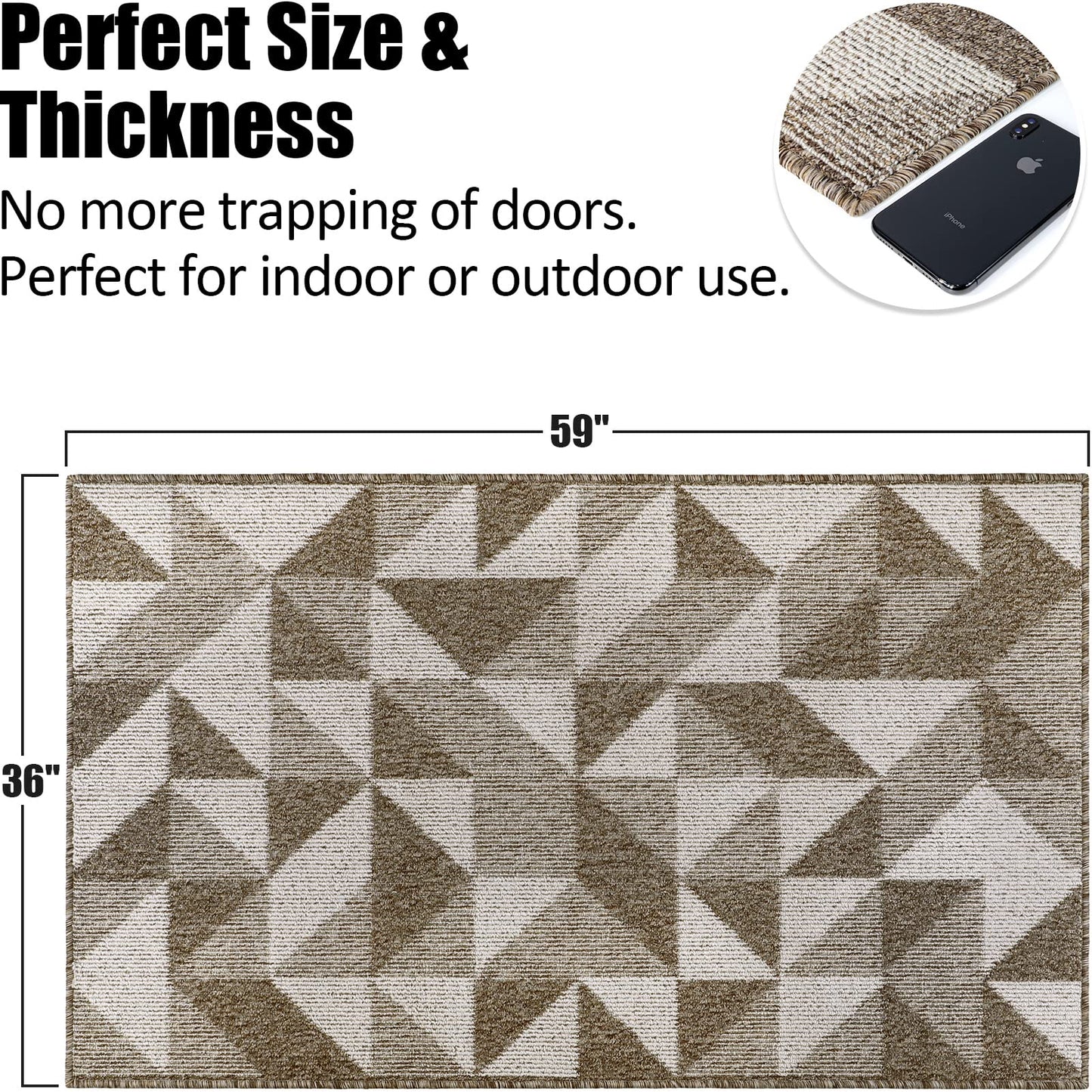 Indoor Doormat 36"x 59", Absorbent Front Back Door Mat Floor Mats, Rubber Backing Non Slip Door Mats Inside Mud Dirt Trapper Entrance Front Door Rug Carpet, Machine Washable Low Profile-Brown Geome