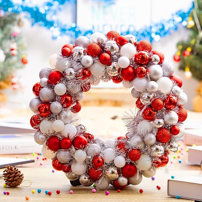 Amooca 16in Christmas Ball Wreath with LED Lights Front Door Window Decorative Hanging Ornaments Table Centerpiece Holiday Party Home Decoration Red White Silver