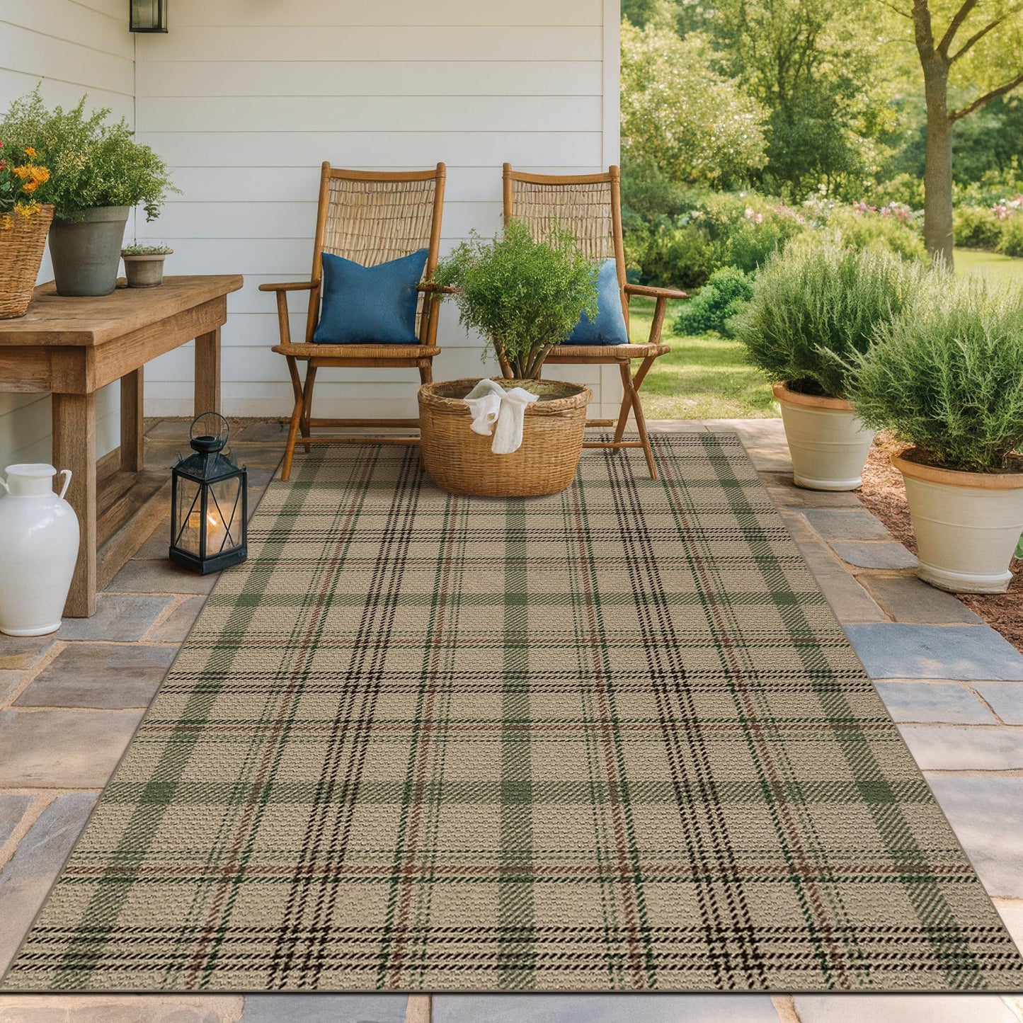 JTJ 5x7 Plaid Area Rug for Living Room - Large Indoor Outdoor Rug for Porch, Bedroom Under Bed, Non Slip Modern Farmhouse, Easy Jute Washable Beige and Sage Green Striped Aesthetic Room Decor