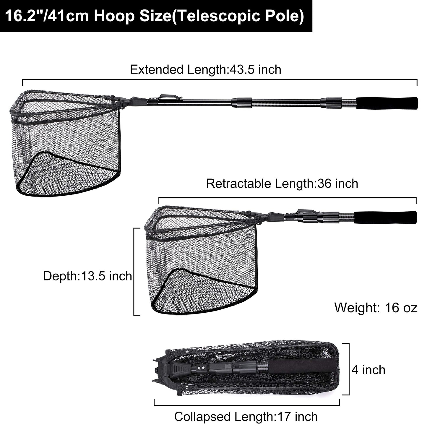 PLUSINNO Fishing Net Fish Floating Landing Net, Kayak Nets with Fixed Foldable Telescopic Pole Handle,Bass Trout Fishing Nets with Nylon Mesh for Pond Lake River,Fishing Gear Gifts for Men,Black 1.2M