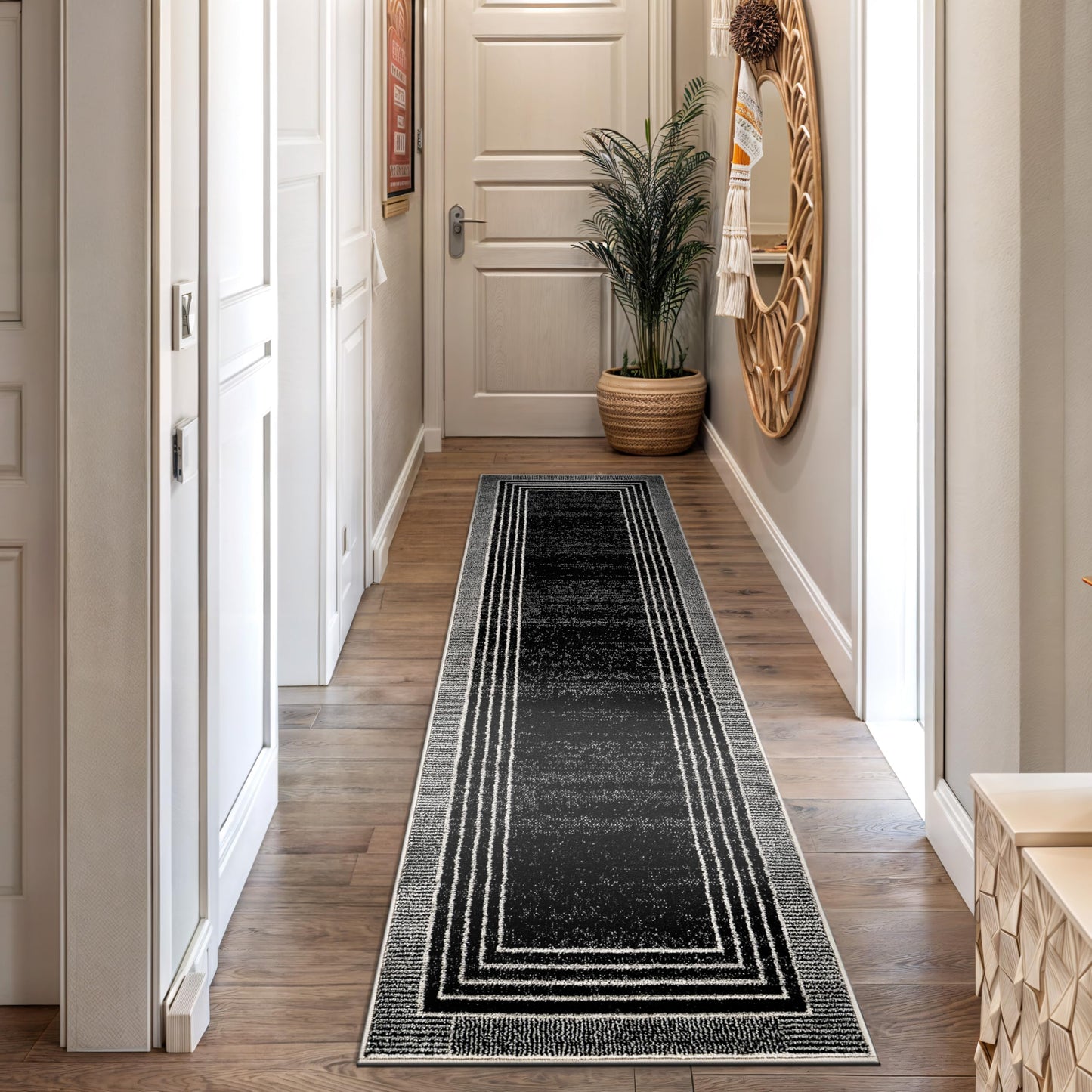 Rugshop Contemporary Geometric Bordered Runner Rug for Hallway,Entryway,Kitchen Rug Low Pile Rug with Jute Backing 2' 3" x 12' Black