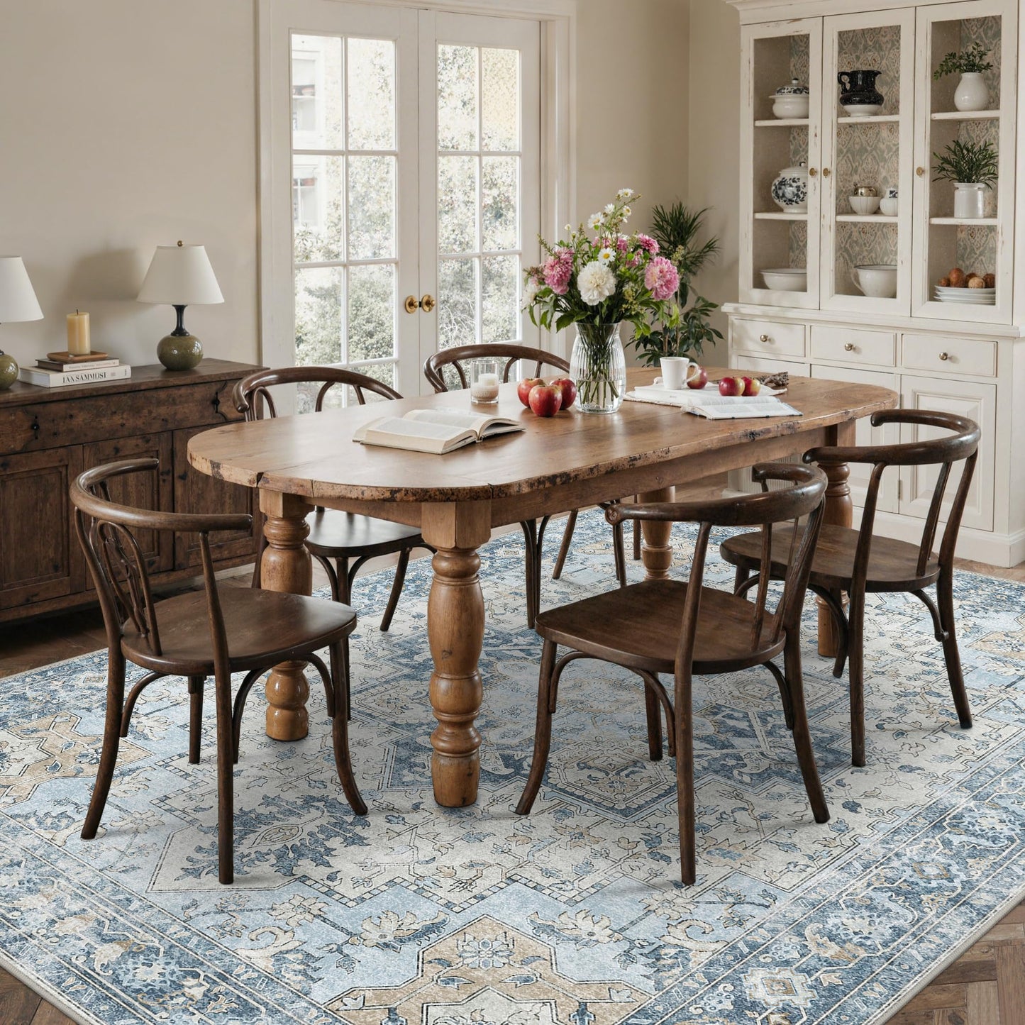 BESBLEE 9x12 Area Rugs for Living Room, Machine Washable Non Slip Vintage Rugs, Low Pile Lightweight Print Rug for Bedroom, Dining Room, Home Office, Blue